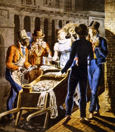 Ostermani myy tuotteitaan Chestnut Street Theaterin ulkopuolella Philadelphiassa, n. 1796 (akvarelli paperille) tekijältä School American