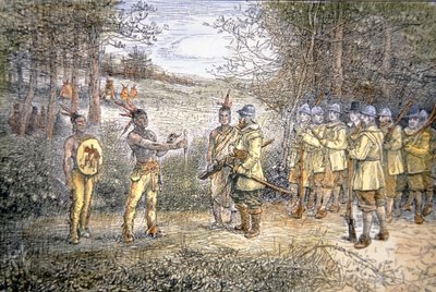 Kapteeni Miles Standish käy kauppaa Wampanoag-intiaanien kanssa vuonna 1621 (väri litho) tekijältä School American
