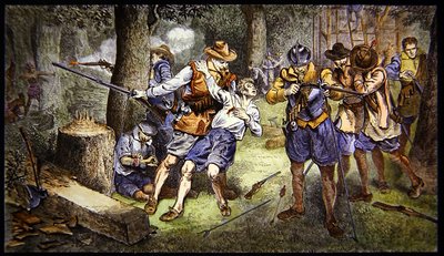Pikkulasten asutuksen puolustaminen intiaanien hyökkäyksiä vastaan Jamestownin siirtokunnassa Virginiassa vuonna 1607 (väri litho) tekijältä School American
