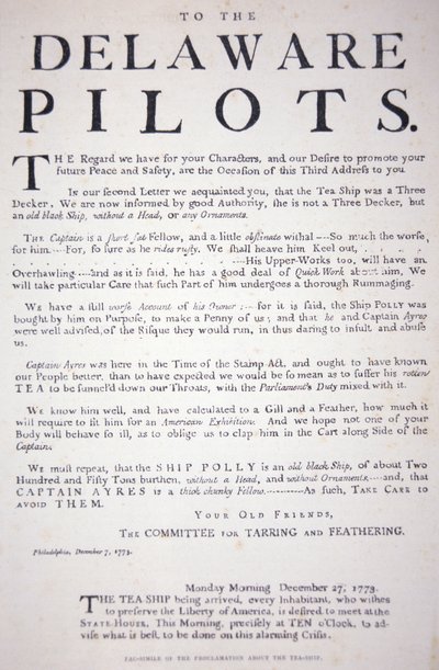 Filadelphia-patrioottien Delawaren lentäjille antaman julistuksen telefaksi, joka varoittaa heitä olemasta tekemisissä brittiläisen teelaivan kanssa, 7. joulukuuta 1773 (litho) tekijältä School American