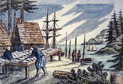 Kalastajat kuivaamassa turskaa Uudessa Englannissa, 1600-luvun puupiirroksesta (värilitho) tekijältä School American