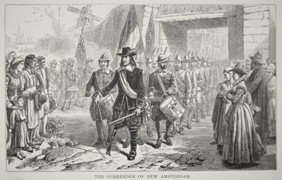 Kuvernööri Peter Stuyvesant luovuttaa New Amsterdamin briteille vuonna 1664 (litho) tekijältä School American