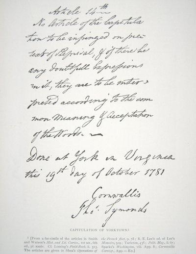 Lord Cornwallisin allekirjoittama Yorktownin antautumiskirje tekijältä School American