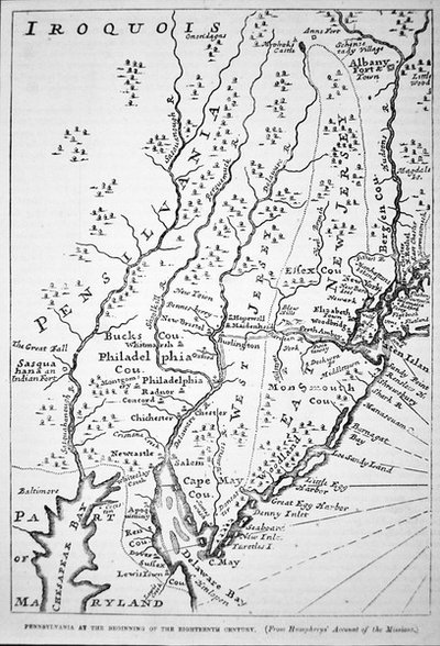 Pennsylvanian kartta 1700-luvun alussa, Humphreyn teoksesta "Account of the Missions" (litografia). tekijältä School American