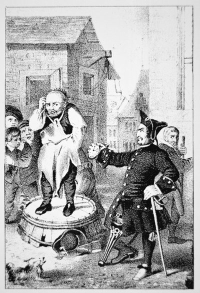 Peter Stuyvesant nuhtelee Willem Wickendamia baptistisaarnan saarnasta (litho) tekijältä School American