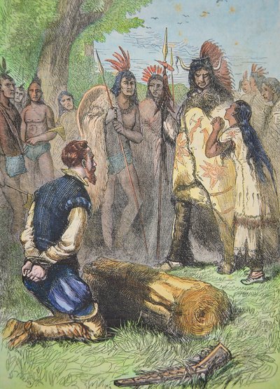 Pocahontas pelastaa John Smithin hengen (värikaiverrus) tekijältä School American