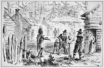 Pemaquidien päällikkö Samoset vierailee pyhiinvaeltajaisien luona vuonna 1621 (litografia). tekijältä School American