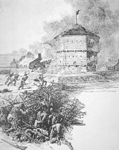 Ottawa-heimon päällikön Pontiac piiritti Fort Detroitin keväällä 1763 (litho) tekijältä School American