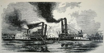 "Länsimaailman" törmäys "H.R.W Hillin" kanssa Mississippillä (kaiverrus) tekijältä School American