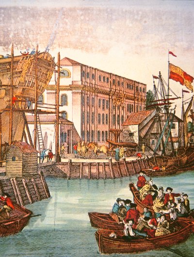 Näkymä New Yorkin satamaan 1700-luvun puolivälissä (väri litho) tekijältä School American
