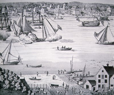 Näkymä East Riverille, New York n. 1750 ja laivanrakennuskeskus (litho) tekijältä School American