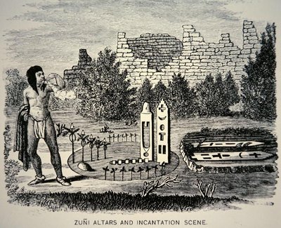 Zuni-heimomies puhaltaa siitepölyä Pueblo-pyhäkön yllä (kaiverrus). tekijältä School American