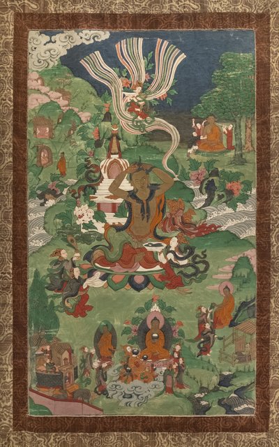 Hiustenleikkaus ja muut kohtaukset. Thangka jatko-osasta, joka on omistettu Buddhan elämän tärkeimmille jaksoille. tekijältä School Asian