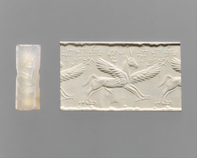 Sylinteritiiviste ja moderni vaikutelma: siivekäs hevonen kynsineen ja sarvineen, n. 1300–1300 eKr. (kalsedoni) tekijältä School Assyrian