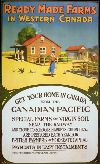 Mainosjuliste "Valmiit maatilat Länsi-Kanadassa", n. 1900 (värilitho) tekijältä School Canadian