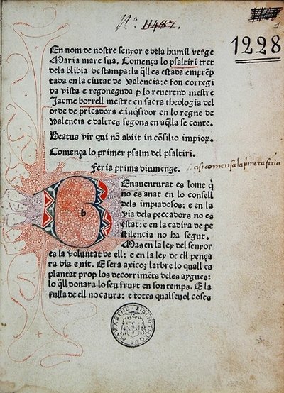 Inc. 1228 Boniface Ferrerin psalteri, korjannut Jaime Borrell, painanut Nicolaus Spindeler Barcelonassa vuonna 1480 (painatus ja muste paperille) tekijältä School Catalan