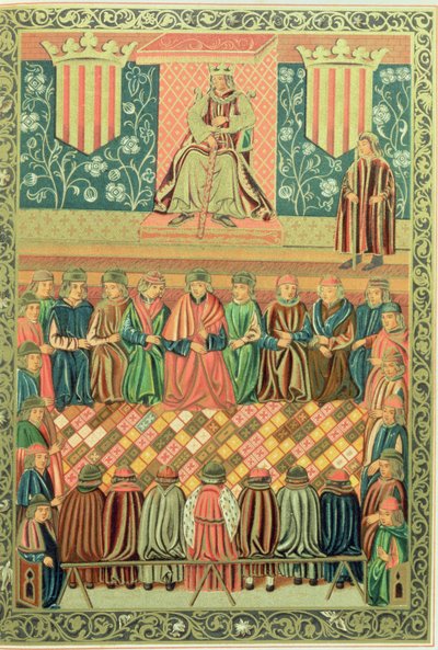 Kuningas Jaakob I Valloittaja, joka johti Lleidan Cortesia maaliskuussa 1242 "Constitucions de Catalunya" -käsikirjoituksesta tekijältä School Catalan