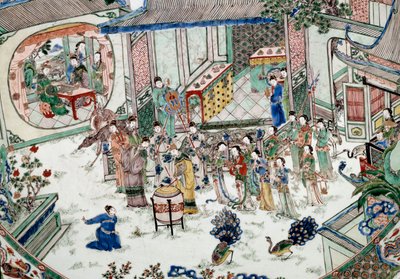 Kiinalainen taide: perinteinen juhla konsertilla. Maalaus posliinille. 1700-luvulla. Pariisi, Guimetin museo, Aasian taiteen kansallinen museo tekijältä School Chinese