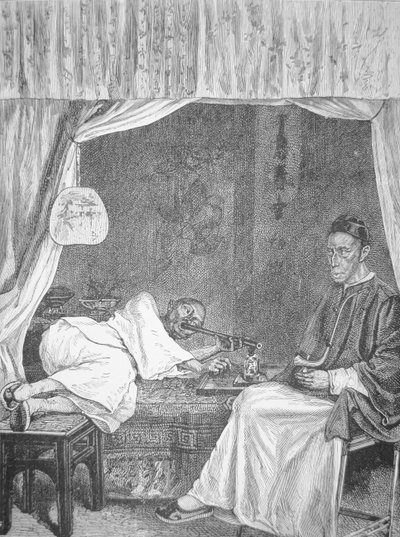Kiinalaiset oopiumin tupakoitsijat, kaiverrus vuodelta 1875 (litho) tekijältä School Chinese