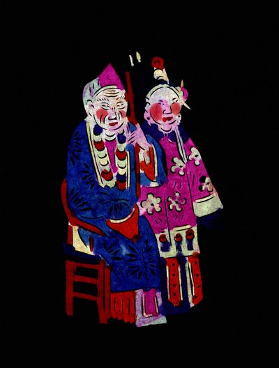 Pariskunta perinteisissä vaatteissa. Maalattu paperileikkaus eli "Jian Zhi", kiinalaista kansantaidetta, Pekin. tekijältä School Chinese