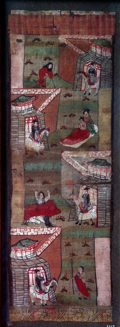 Buddhan elämä: jakso Siddharthan neljästä kohtaamisesta: vanha, kurja, sairas ja grabate. Maalaus, 8. - 10. vuosisadat, Tang-dynastia. Pariisi, Musee Guimet tekijältä School Chinese