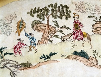 Jalo nainen hevosen selässä ja lapset leikkimässä leijaa - kiinalainen printti, noin 1800 tekijältä School Chinese