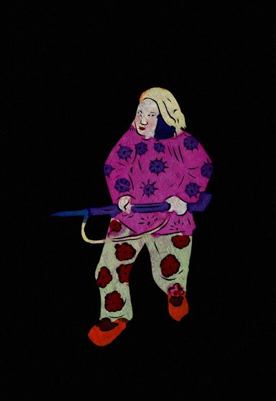 Talonpoikaissotilas kiväärin kanssa. Maalattu paperileikkaus eli "Jian Zhi", kiinalaista kansantaidetta, Pekin. tekijältä School Chinese