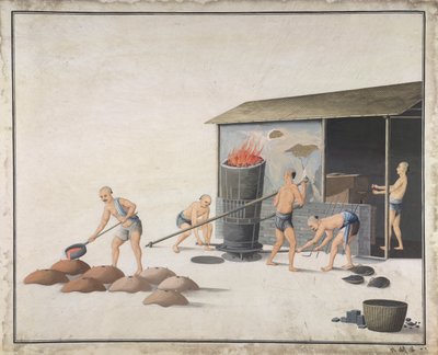 "Laita veteen jäähtymään", Valuraudan valmistus Kiinassa, n.1820 (akvarelli paperille) tekijältä School Chinese