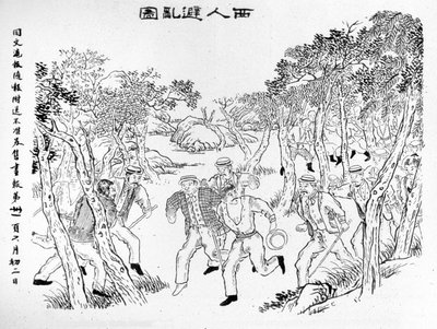 Boxer Rebellion: eurooppalaiset taistelevat nyrkkeilijöitä vastaan. Kuva julkaistu Shanghai Journalissa Toung-Ouen-Hou-Pao.1899 noin. tekijältä School Chinese