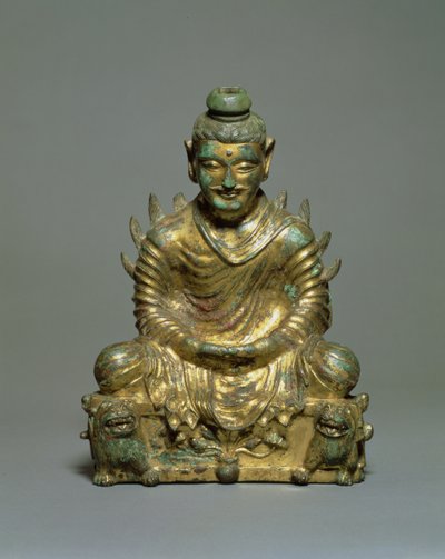 Istuva Buddha palavilla hartioilla, Kiinan kuuden dynastian kausi, Pohjois-Wei-dynastia, 3.-5. vuosisadat (kullattu pronssi) tekijältä School Chinese