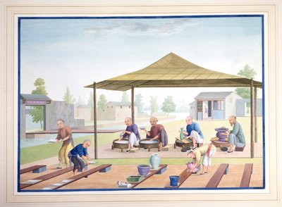 Työmiehet lasitteiden levittämisessä, noin 1825 (guassi paperille). tekijältä School Chinese