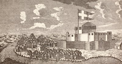 Tanskalainen siirtolaislinnoitus Fredensborg, Ningo, Ghana, sellaisena kuin se oli vuonna 1760, teoksesta "Afrika, dets Opdagelse, Erobring og Kolonisation", julkaistu 1901 Kööpenhaminassa (litografia). tekijältä School Danish