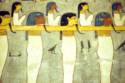 Muinainen Egypti, Maalaus, Hathoriin sidottu alamaailman jumalat, jumalallinen lehmä, hinaamassa aurinkoparkkia, Rameses I:n hauta, Thebes tekijältä School Egyptian