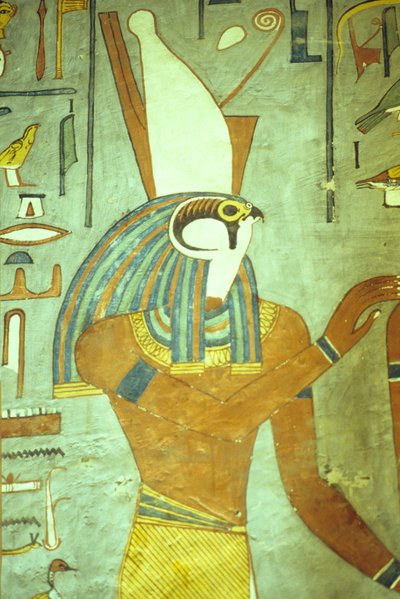 Muinainen Egypti, maalaus, Horus, haukanpääinen jumala, kuninkaiden jumala, Ramses I:n hauta, Theban, Thebanen tekijältä School Egyptian