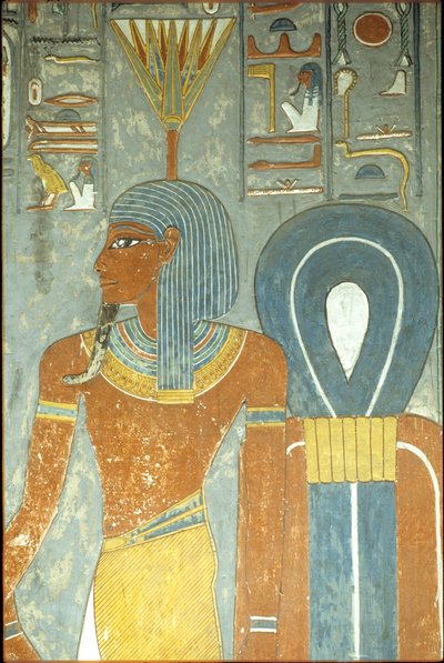 Muinainen Egypti, maalaus, Horemhebin hauta, Theban 18. dynastia, jumala Nefertum ja Isiksen solmu, Nefertum tai Nefertem vesililjan tai lootuksen päähine (kuva) tekijältä School Egyptian