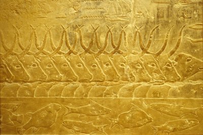 Muinainen Egypti, seinäkaiverrukset/maalaukset, Mastaba/Tomb of Idout, Saqqara, 2323-2150 eKr., Karja joen varrella (kuva) tekijältä School Egyptian