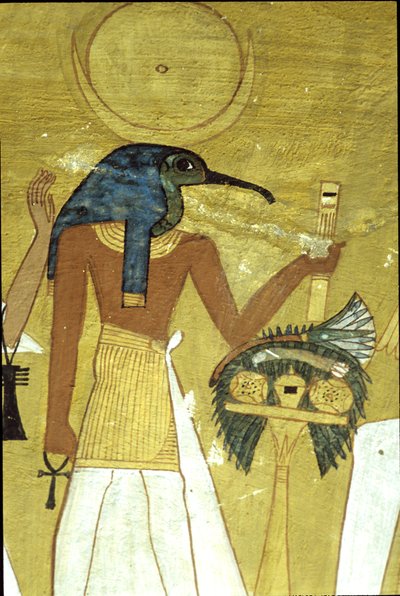 Muinainen Egypti, Seinämaalaus Inherkhaun hauta, Thebes, Jumala Thoth esittelee vainajan Osirikselle, 20. dynastia, Ibis-pää Jumala kuulevyllä (kuva) tekijältä School Egyptian