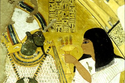 Muinainen Egypti, seinämaalaus Inherkhau, Theban, aatelisten hauta, 20. dynastia, Inherkhau tekee uhrauksia Osirikselle (kuva) tekijältä School Egyptian