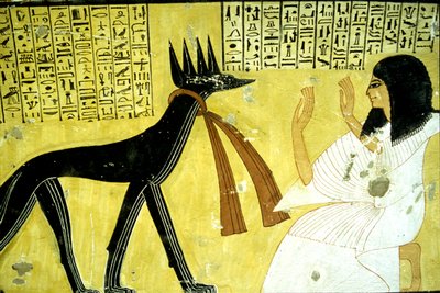 Muinainen Egypti, seinämaalaus Inherkhaun hauta, Thebe, aatelisten hauta, 20. dynastia, Inherkhaun palvominen sakaalijumalien edessä (kuva) tekijältä School Egyptian