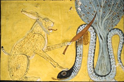 Muinainen Egypti, seinämaalaus Tomb of Inherkhau, Thebes, Aatelisten hauta, 20. dynastia, Amon ( Kissa ) tappaa käärmeen, esittää Amonia käärmeen kukistajana, Apophis pyhän puun alla (kuva) tekijältä School Egyptian