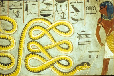 Muinainen Egypti, seinämaalaus, Ramses I:n hauta, Kuninkaiden laakso, Ramses I tappaa alamaailman käärmeen jumalan. tekijältä School Egyptian