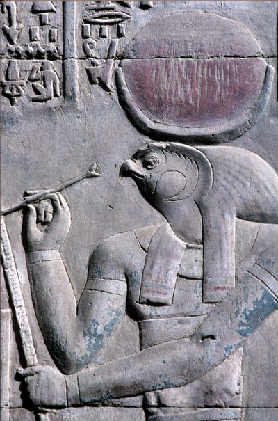 Muinainen Egypti, seinämaalaus/kaiverrus, Horus kirjoittaa papyruskäärölle, Sebekin ja Horuksen temppeli, Kom Ombo (kuva) tekijältä School Egyptian