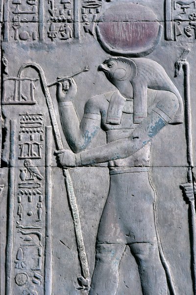 Muinainen Egypti, seinämaalaus/kaiverrus, Horus kirjoittaa papyruskäärölle, Sebekin ja Horuksen temppeli, Kom Ombo (kuva) tekijältä School Egyptian