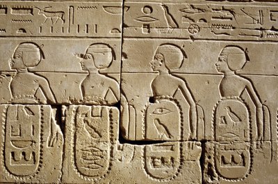 Muinainen Egypti, Seinämaalaus/kaiverrus, Karnak/Luxor Pylon Six, osa luetteloista etelän ja Syyrian heimoista, jotka Tutmoses III:n armeija valtasi, Karnakin temppeli, Luxor tekijältä School Egyptian