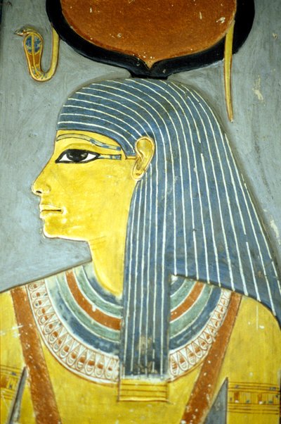 Muinainen Egypti, seinämaalaus/kaiverrus, Jumalatar Isis, hedelmällisyyden jumalatar, Horemhebin hauta, Theban aatelisten hauta (kuva) tekijältä School Egyptian