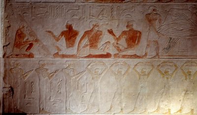 Muinainen Egypti: kalkkikivireliefi, joka edustaa Akhethetepissä sijaitsevan Mastaban kappelin muusikoita, noin 2300 eaa. 5. dynastia. Vanha valtakunta. Sakkarasta (Sakkara). Pariisi, Louvre-museo tekijältä School Egyptian