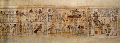 Muinaisen Egyptin taiteen mytologinen Serimenin papyrus. Yläosa: Serimen rakastaa jumalaa Osirista, jota edustaa sen tunnus Abydoksen kaupungissa. Kuolleiden sielu linnun muodossa lentää muumionsa yli jumalattareiden Isis (vasemmalla) ja Nephtys (oikealla) tekijältä School Egyptian