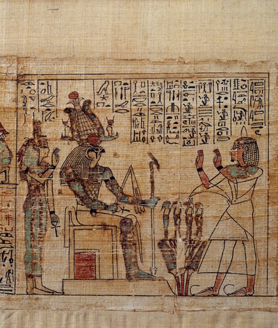Muinainen egyptiläinen taide: Serimenin mytologinen papyrus. serimen palvonnassa ptah-sokar-osiris-jumalan edessä, jota seuraa Isis. 21. dynastian (n. 1069-945), kolmannen välikauden (n. 1069-664 eKr.) käsikirjoitus. Maalaus. tekijältä School Egyptian