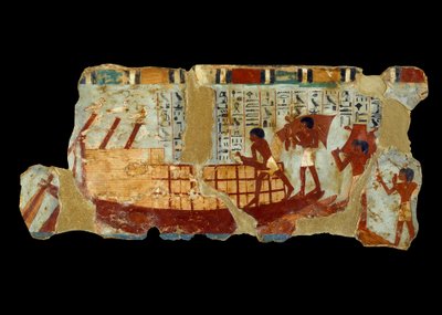 Muinainen egyptiläinen taide: jyvien lastaus veneeseen Ounoun haudasta (1450 eaa.) peräisin oleva lietemaalaus. tekijältä School Egyptian