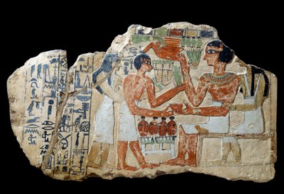 Egyptiläinen antiikki: Iri-stele kalkkikivessä. Pariskunta tekee tarjouksen. Ensimmäinen välikausi (2200-2033 eKr.) su. 0,3x0,52 m Pariisi, musee du Louvre tekijältä School Egyptian